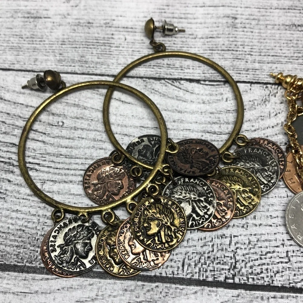 Curated bundle lot 2 coin charm boho style statement earrings long.